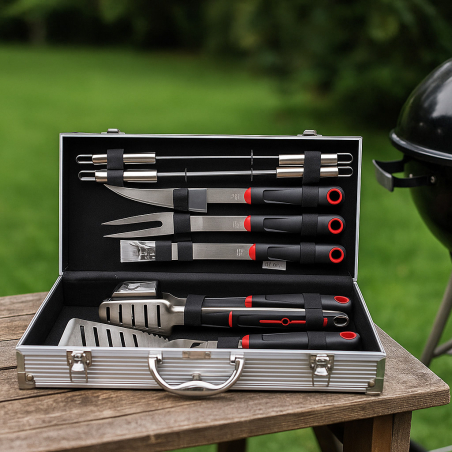 Луксозен комплект от 11 инструмента за барбекю в елегантен алуминиев куфар – пълен сет за грил