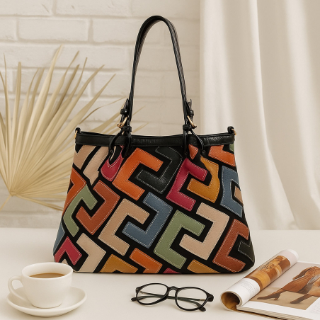 Дамска чанта с многоцветен дизайн черен