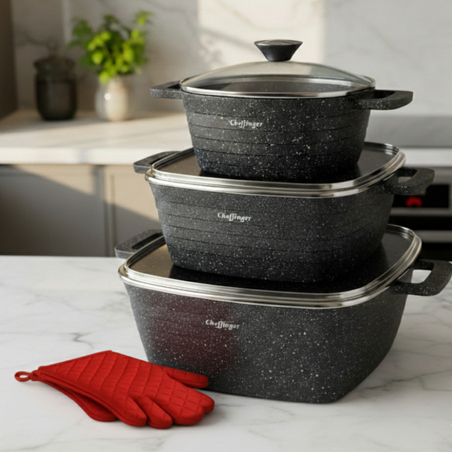 Комплект тенджери Cheffinger от 3 части с мраморно покритие и стъклени капаци, включен подарък 2 кухненски ръкавици