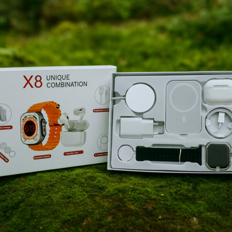 Комплект 8 в 1 с X8 Smartwatch, безжични слушалки, зарядно, кабели и външна батерия