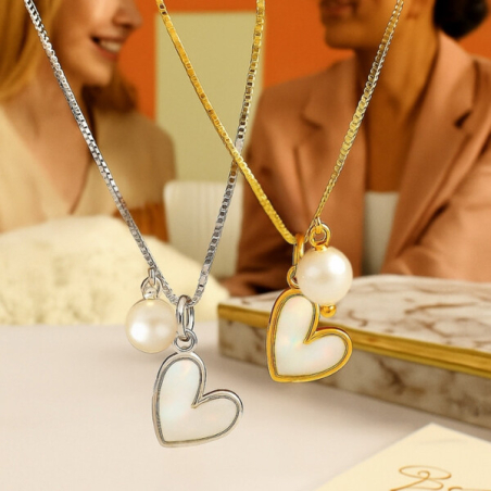 Нежно колие със сърце и перла – устойчив метал, златисто или сребристо покритие