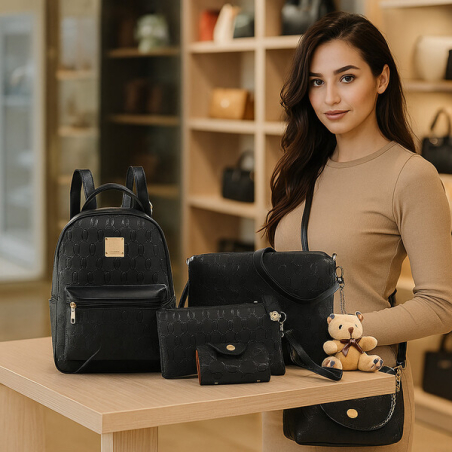 Комплект черна раница с три чантички, практичен и стилен аксесоар