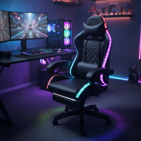 Черен геймърски стол с масаж, LED осветление и поставка за крака с дистанционно