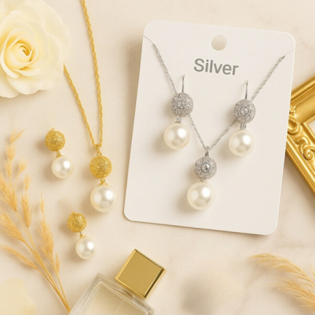 Класически комплект колие и обеци с перли – златисто или сребристо покритие, елегантен и универсален дизайн за подарък или специални поводи