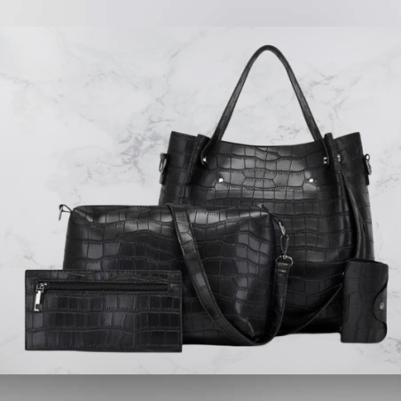 Комплект дамски чанти в черен цвят с кроко ефект, елегантен и модерен аксесоар