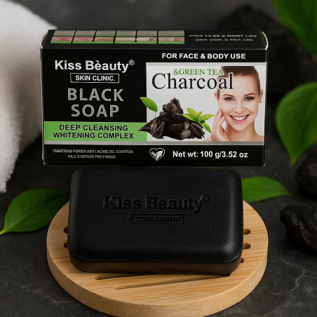 Сапун за лице и тяло Kiss Beauty Black Soap с активен въглен и зелен чай за дълбоко почистване и свежест