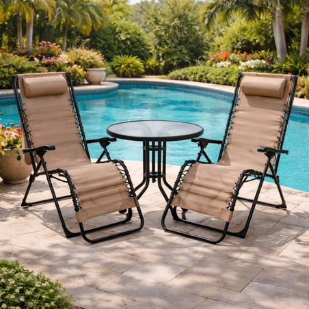 Комплект за релакс на открито с 2 сгъваеми шезлонга с нулева гравитация CHAIR3 и стилна масичка за кафе