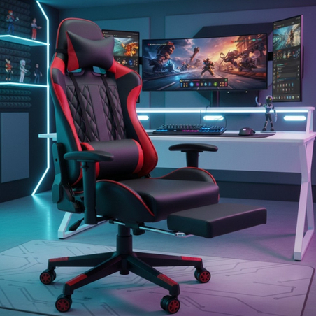 Ергономичен геймърски стол с функция за масаж и подложка за крака – червен