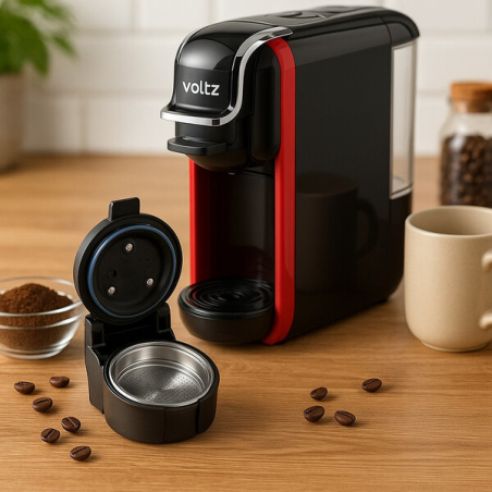 Кафемашина 8-в-1 Voltz 19 бара / 1650W – съвместима с всички капсули, черно с червено, 2 години гаранция