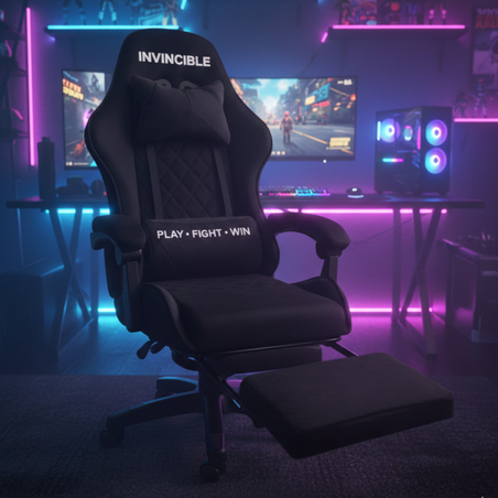 Черен геймърски стол с регулируема височина, лумбална възглавница и метална основа