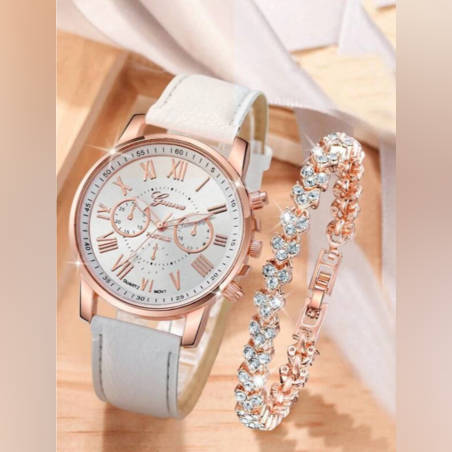 Кварцов часовник в бяло и розово злато и гривна