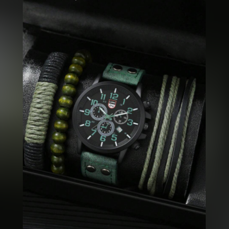 Кварцов часовник с кръгла стрелка и гривни - 3 бр