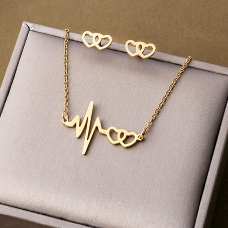 Комплект бижута „Сърдечен ритъм“ – златисто колие и обеци със сърца