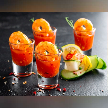 СКАРИДА В ШОТ СЪС СЛАДКО КИСЕЛО СОС И ПРЯСНА КРАСТАВИЧКА - 10 БР.