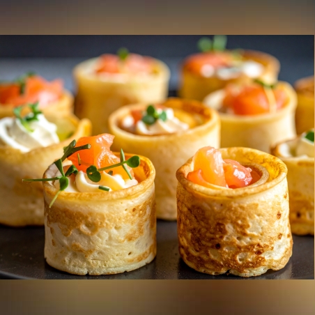 МИНИ ПАЛАЧИНКОВИ РУЛЦА   С КРЕМА СИРЕНЕ И ПУШЕНА СЬОМГА - 20 БР.