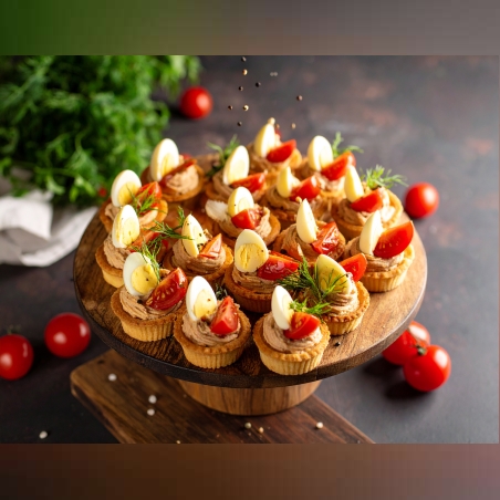 ТАРТАЛЕТИ С ГЪШИ ПАСТЕТ , ПАДПАДЪЧЕ ЯЙЦЕ И ЧЕРИ ДОМАТЧЕТА - 20 БР