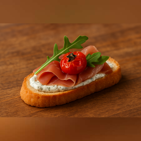 БРУСКЕТА С БИЛКОВ МУС , ПРОШУТО , ПЕЧЕНО ЧЕРИ ДОМАТЧЕ И СВЕЖИ ДЕКОРАЦИЙ - 20 БР.