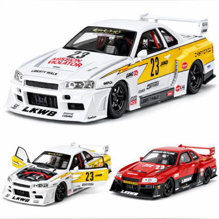 Метална кола с отварящи се врати, светлини и звуци  Nissan Skyline GT-R R34 1:24