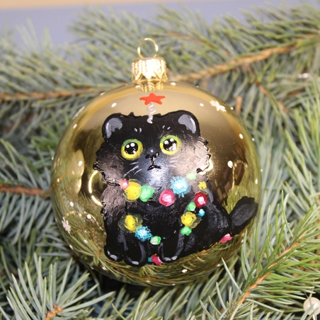 Стъклена коледна играчка - черно коте