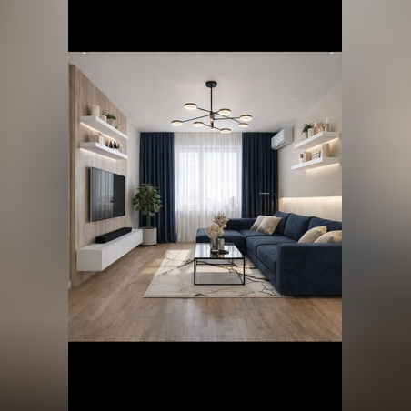 Интериор  с тъмно син акцент