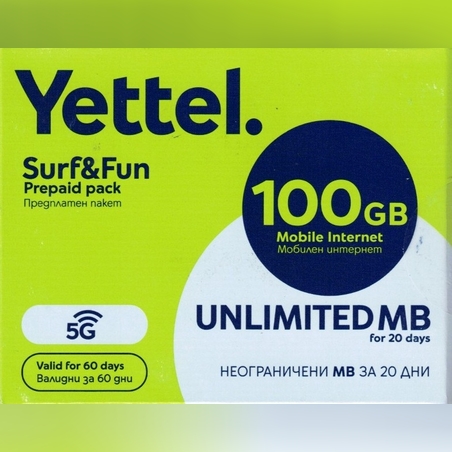 Йеттел предплатен пакет мобилен интернет 100GB Sim