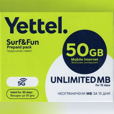 Йеттел предплатен пакет мобилен интернет 50GB Sim
