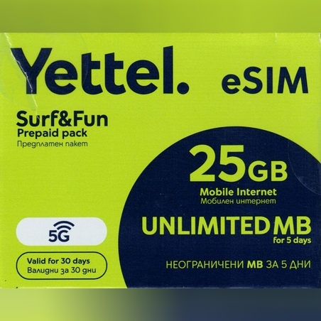 Йеттел предплатен пакет мобилен интернет 25GB eSim
