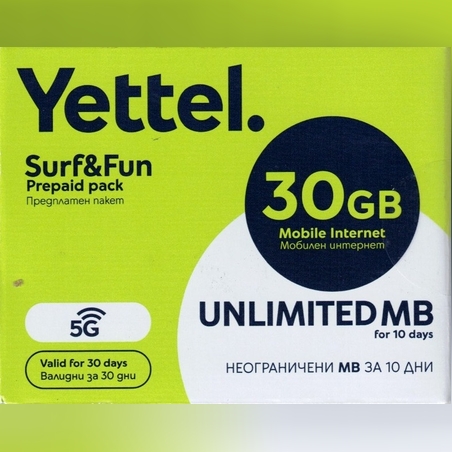 Йеттел предплатен пакет мобилен интернет 30GB Sim