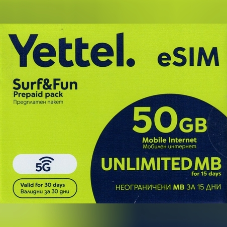 Йеттел предплатен пакет мобилен интернет 50GB eSim