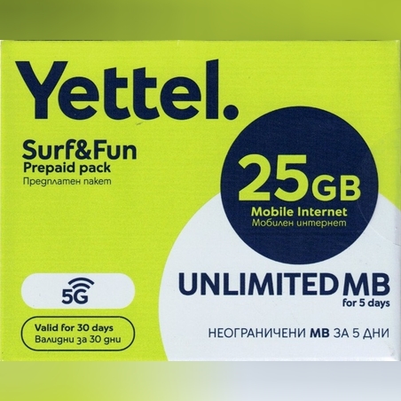 Йеттел предплатен пакет мобилен интернет 25GB Sim