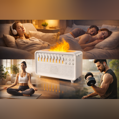 Lampă LED 4-în-1 cu Răsărit, Umidificator și Ceas Deșteptător – 8 Sunete Naturale, USB Type-C, 3500K Warm White