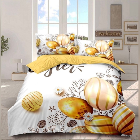 Lenjerie de pat 6 piese Finet cu motive pascale- Model Easter, 2 persoane, cearceaf mare + 4 feţe perna GALBEN.