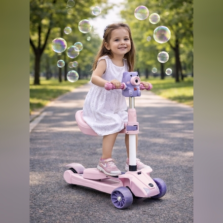 Trotinetă Copii 3 Roți cu Muzică, Baloane de Săpun și Roți Luminoase, Reglabilă și Pliabilă cu Șezut Model Roz si Model Albastru