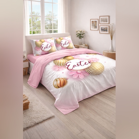 Lenjerie de pat 6 piese Finet cu motive pascale- Model Easter, 2 persoane, cearceaf mare + 4 feţe perna ROZ.