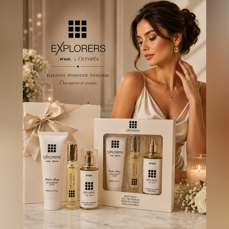 Set Cadou Premium Explorers nue. by Olympéa – Parfum, Loțiune de Corp și Body Mist (3 piese)
