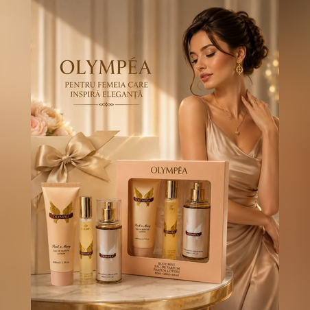 Set Cadou Premium Olympéa – Parfum, Loțiune de Corp și Body Mist (3 piese)