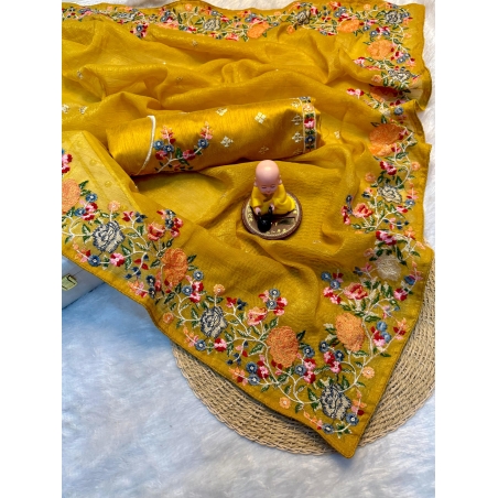 SAREES :Soft Crunchy silk fabric with multi thread work and piping lace border.