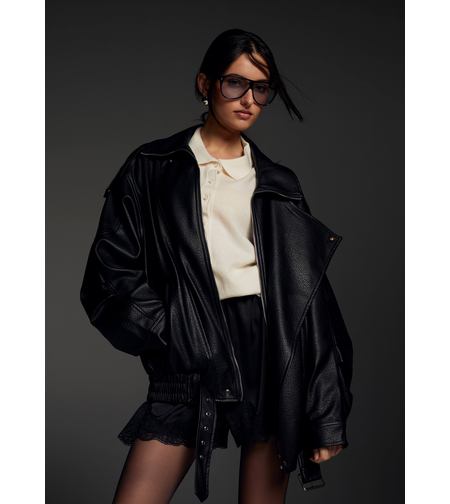 BLACK OVERSIZED FAUX LEATHER JACKET