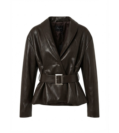 BELTED LEATHER-LOOK BLAZER IN DARK BROWN
