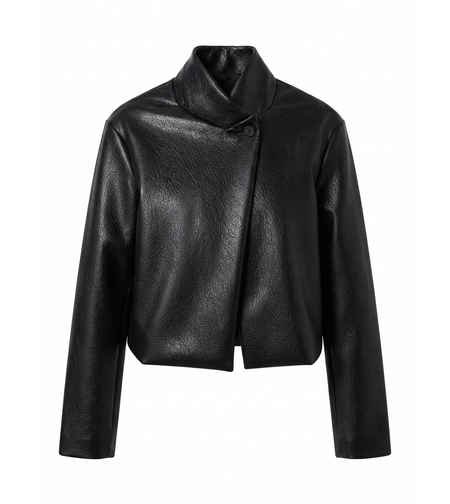 FUNNEL NECK LEATHER-LOOK JACKET IN BLACK