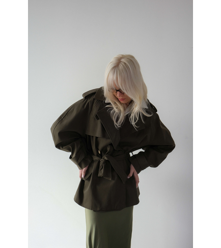 SHORT DOUBLE-BREASTED TRENCH COAT IN OLIVE GREEN