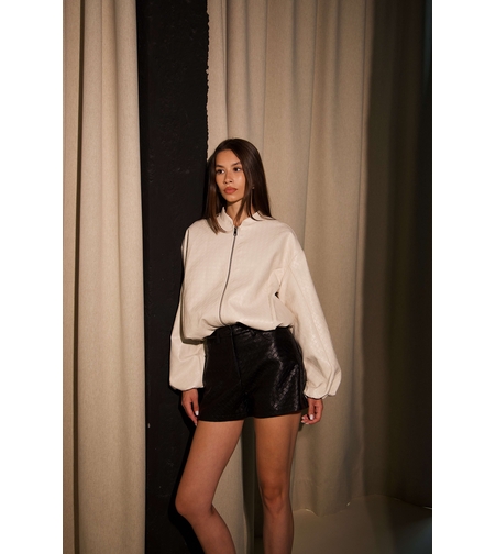 WOVEN FAUX LEATHER BOMBER JACKET