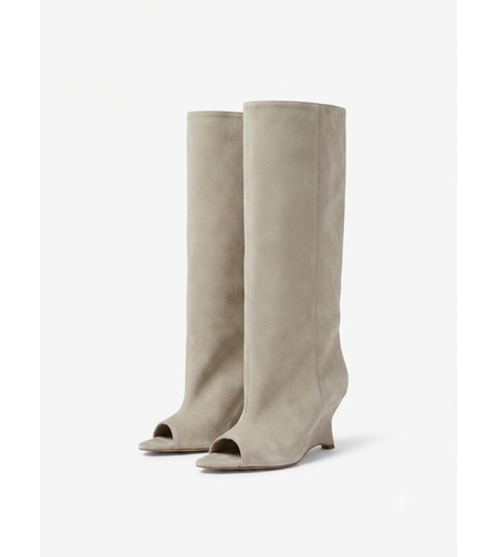 BEIGE SUEDE PEEP TOE BOOTS