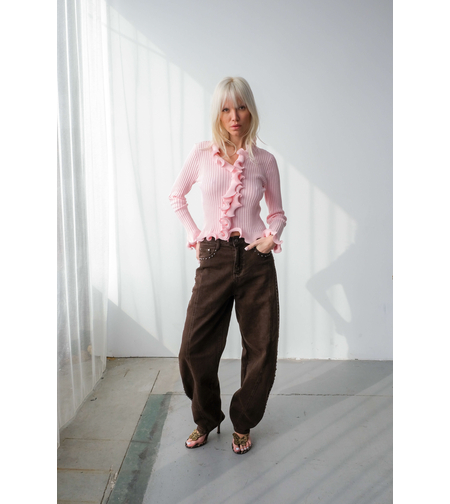 RUFFLE TRIM RIBBED CARDIGAN TOP