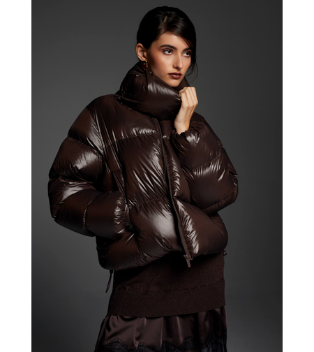 BROWN SHORT DOWN JACKET WITH ASYMMETRICAL COLLAR