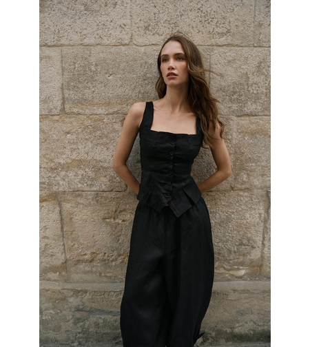 BLACK BUTTONED LINEN TOP