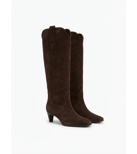 SUEDE WESTERN KNEE-HIGH BOOTS IN DARK BROWN