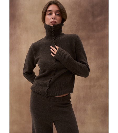 DARK BROWN WOOL HIGH NECK CARDIGAN