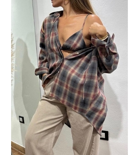 PLAID SHIRT & BRALETTE SET IN GREY & BURGUNDY