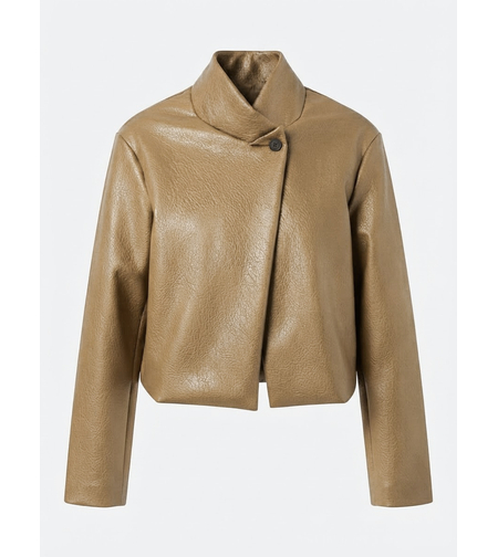 FUNNEL NECK LEATHER-LOOK JACKET IN CAMEL